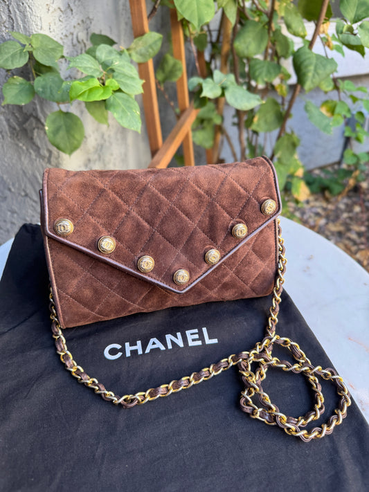 Chanel Vintage Quilted Suede Leather Charm Button Shoulder Bag