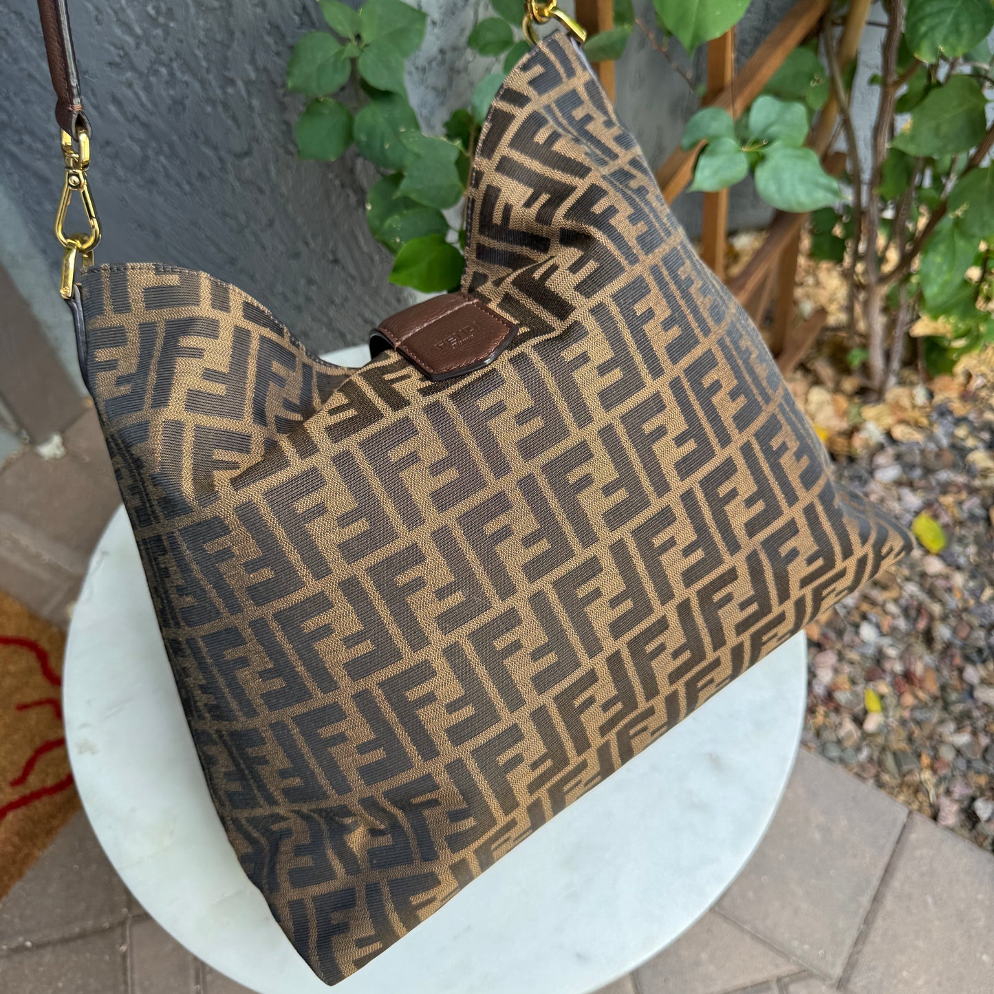 Fendi Turnlock Zucca Canvas Hobo Shoulder Bag