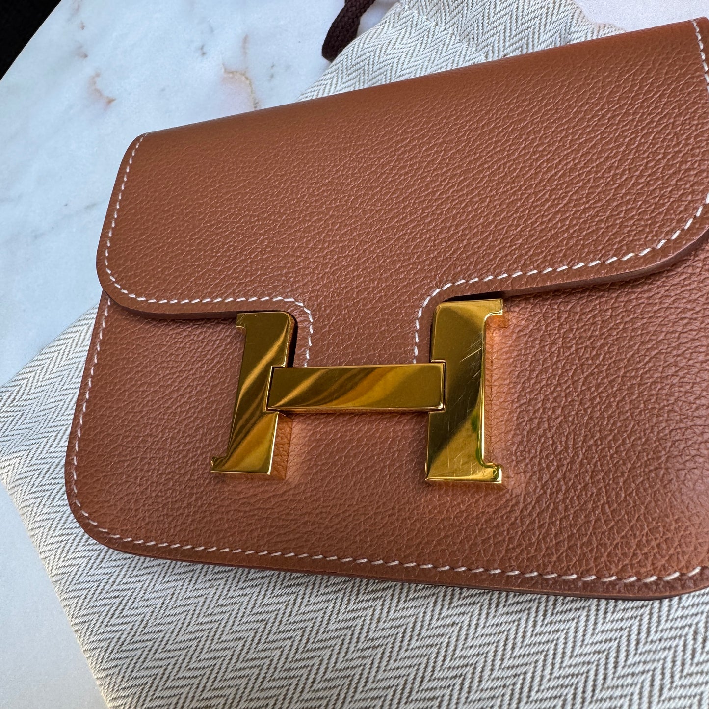 Hermès Gold Evercolor Leather Constance Slim Belt Bag Wallet