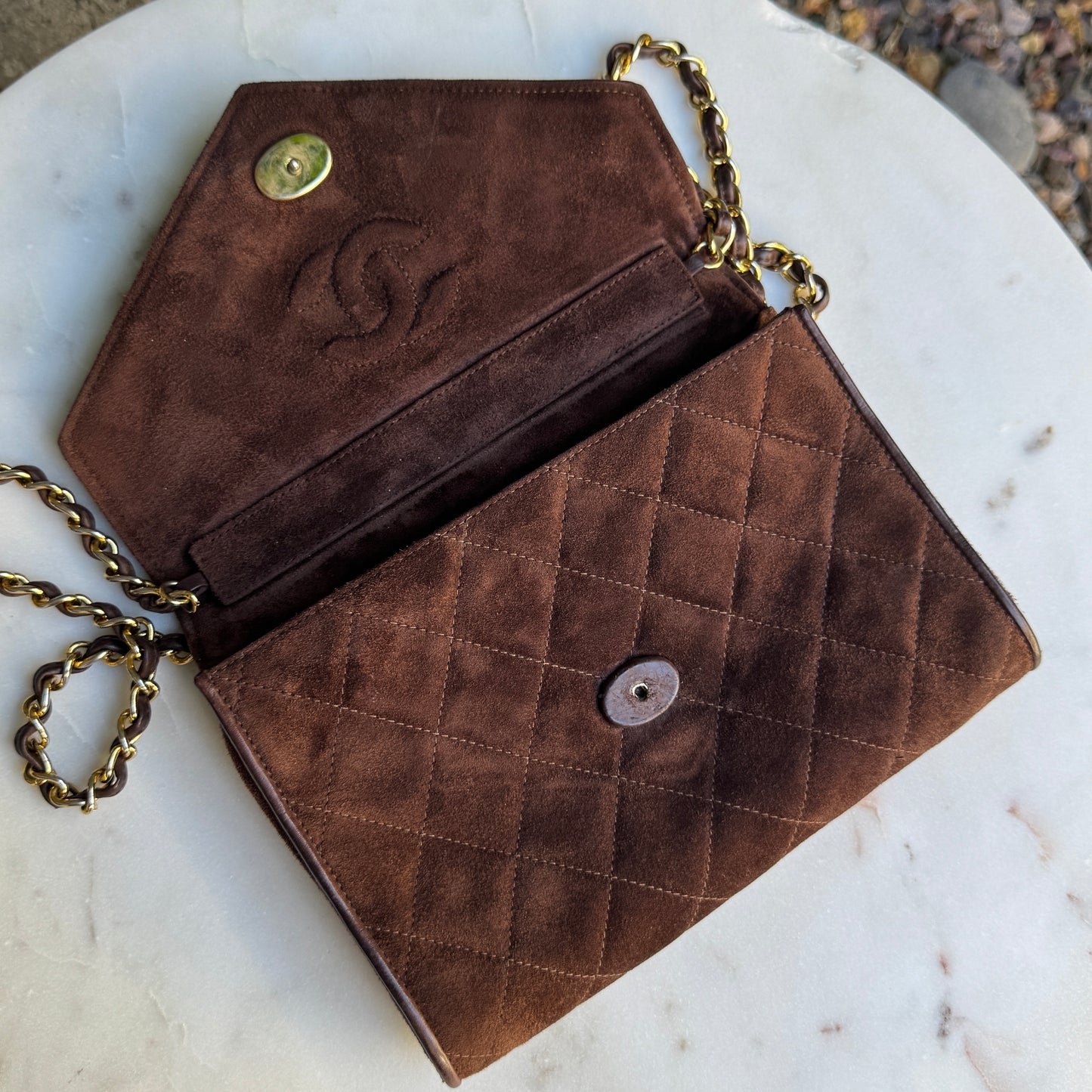 Chanel Vintage Quilted Suede Leather Charm Button Shoulder Bag