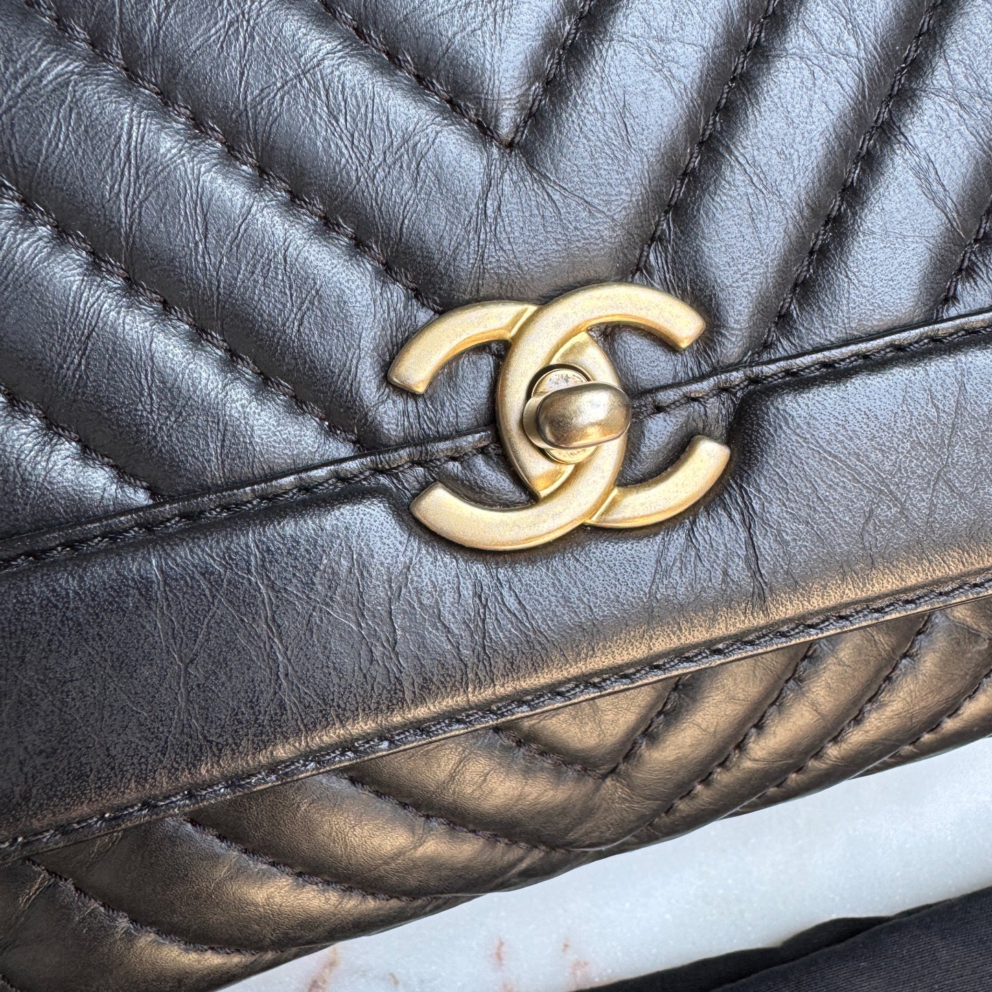 Chanel Calfskin Chevron Quilted Top Handle Flap Crossbody