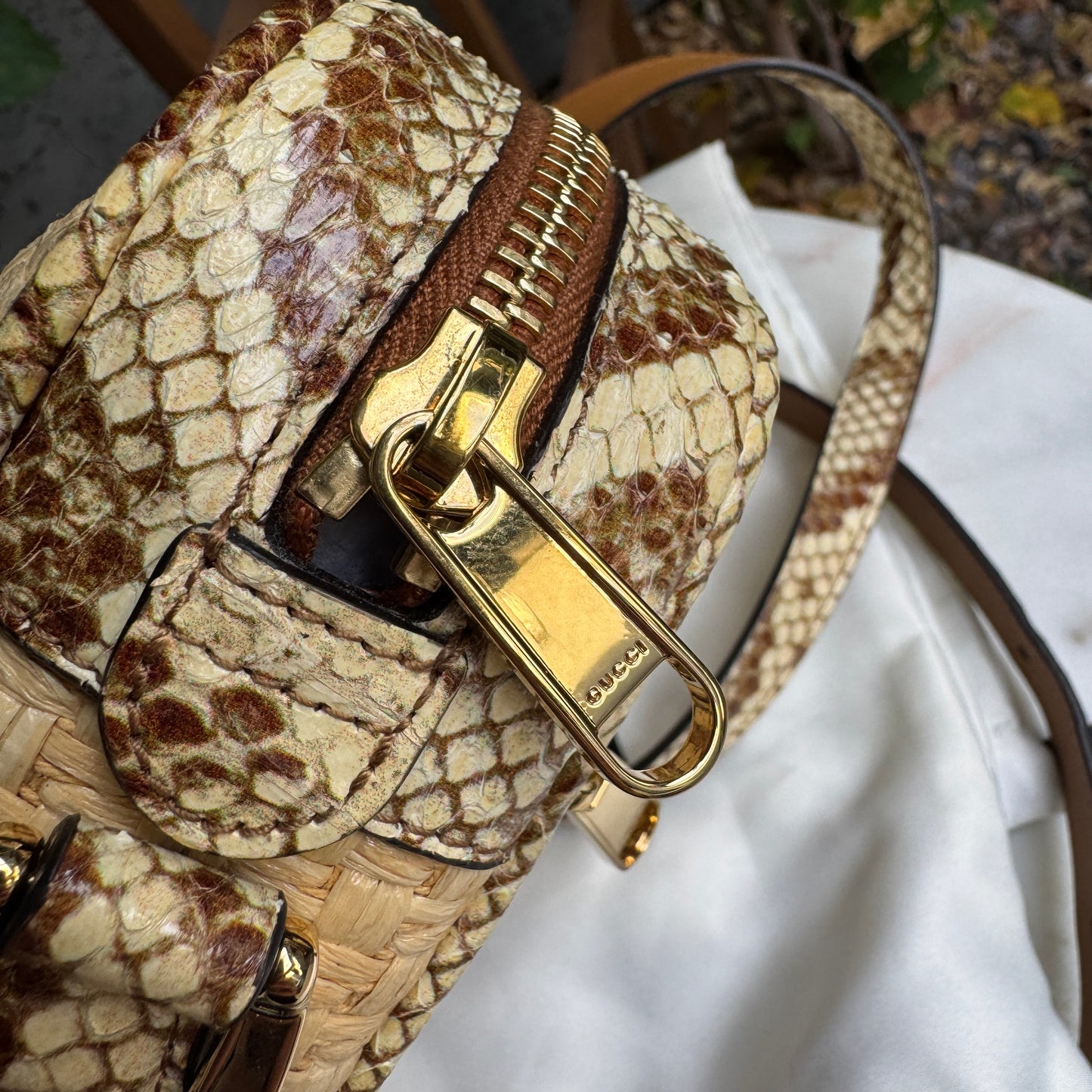 Gucci Ophidia Snakeskin Raffia Mini Crossbody