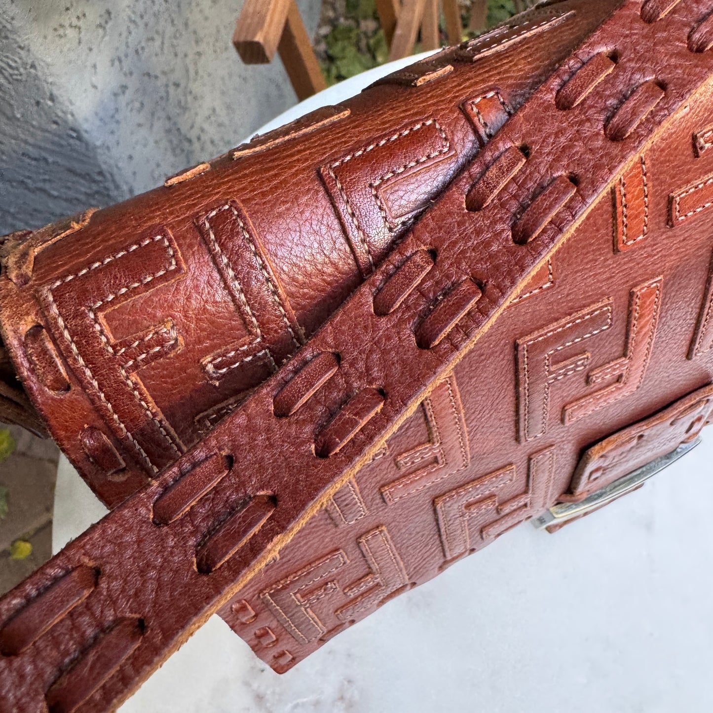 Fendi FF Leather Stitched Monogram Mamma Baguette