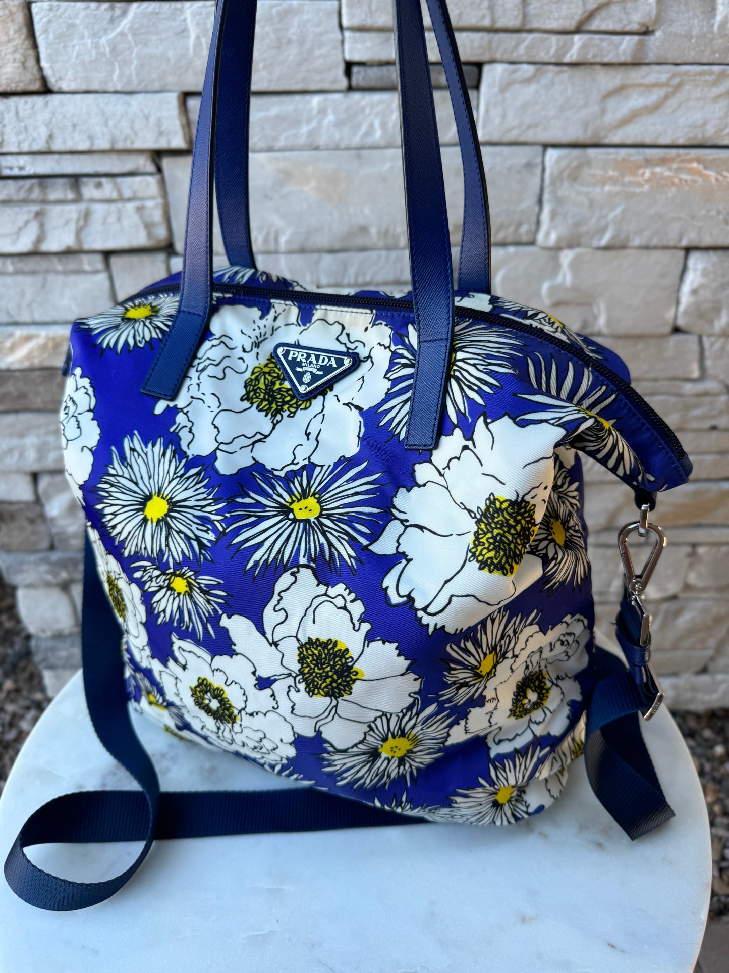 Prada Tessuto Stampat Flower Leather & Nylon Shopper Tote