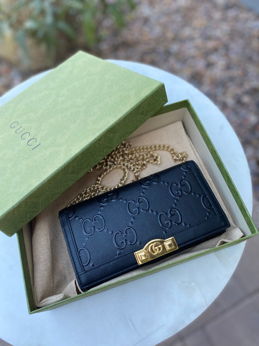 Gucci Full Flap Wallet on Chain GG Embossed Leather Crossbody