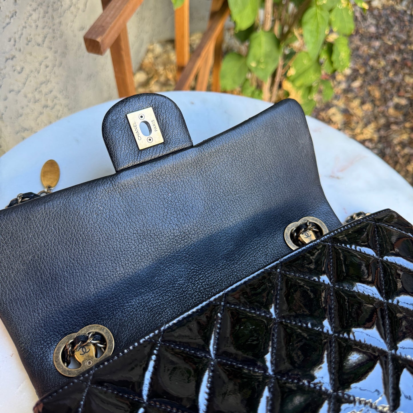 Chanel Quilted Patent Leather Medium Eyelet Single Flap Crossbody