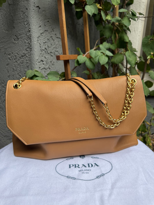 Prada Doux Extra Large Caramel Leather Shoulder Bag