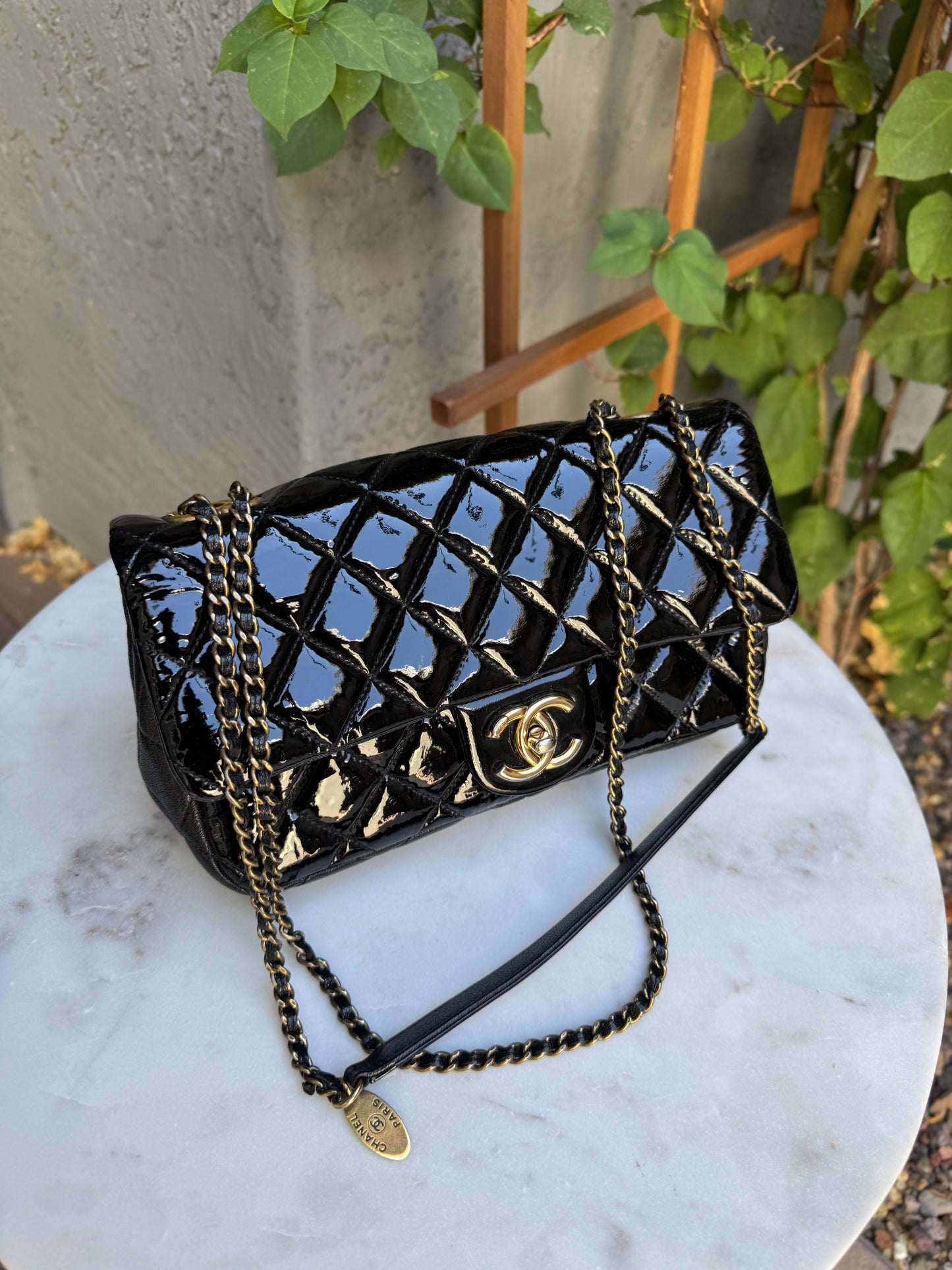 Chanel Quilted Patent Leather Medium Eyelet Single Flap Crossbody