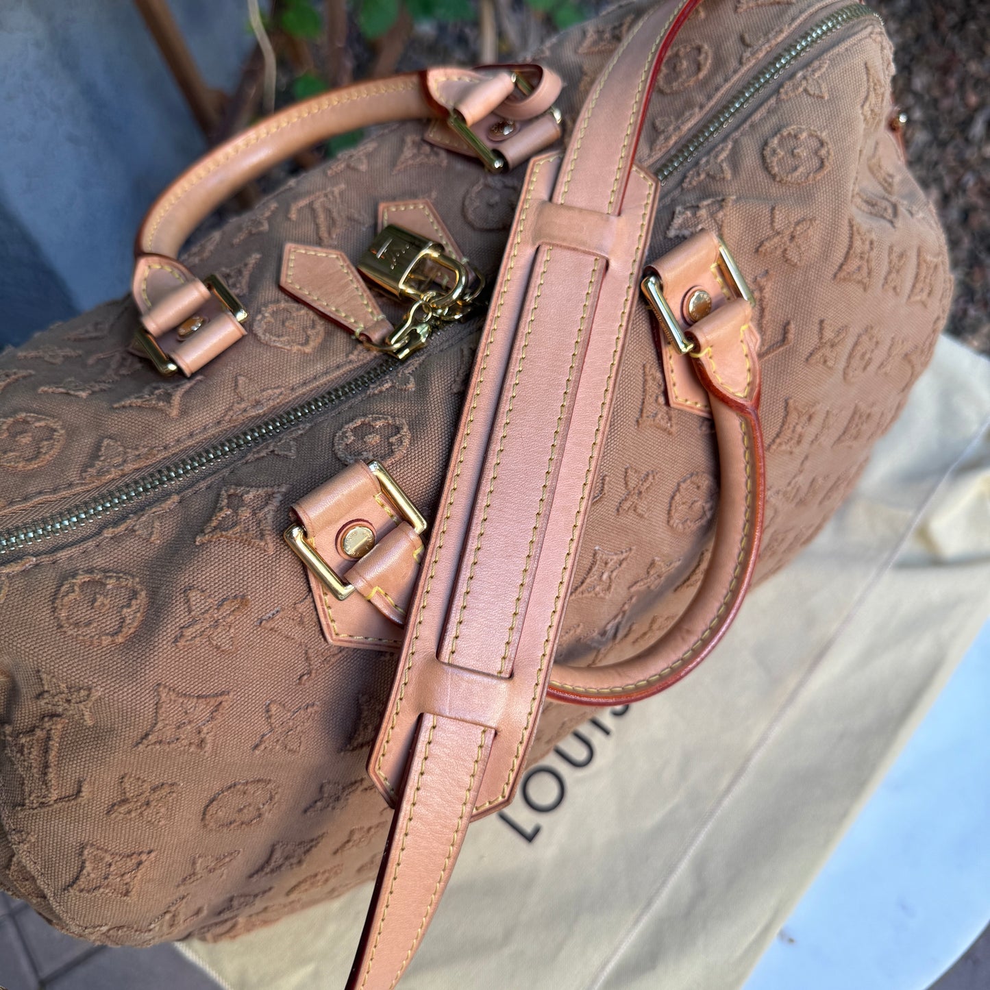 Louis Vuitton Monogram Stone Denim Speedy Bandouliere 35