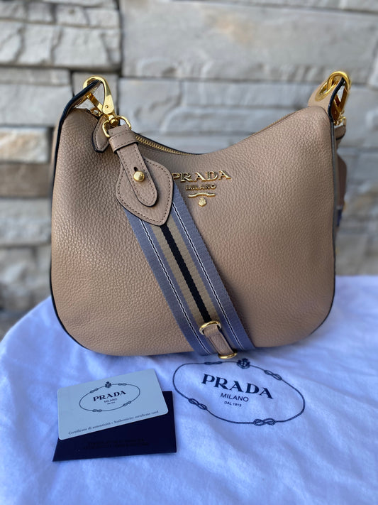 Prada Vitello Daino Phenix Leather Nylon Web Crossbody Hobo