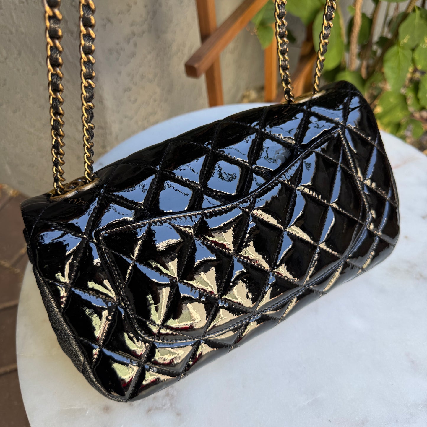 Chanel Quilted Patent Leather Medium Eyelet Single Flap Crossbody