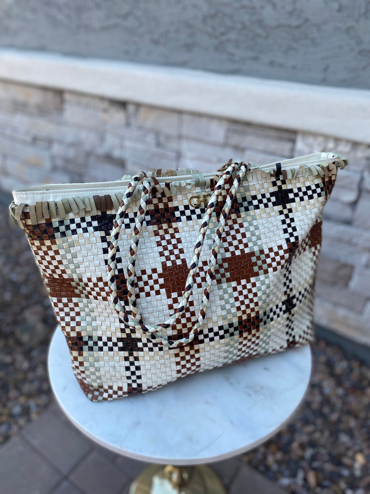Salvatore Ferragamo Gancini Intrecciato Woven Leather Tote