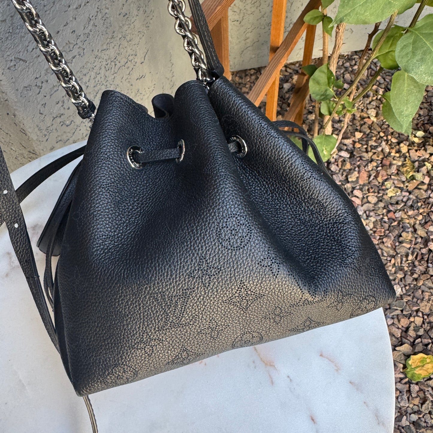 Louis Vuitton Mahina Leather Bella Drawstring Bucket Bag with Coin Pouch