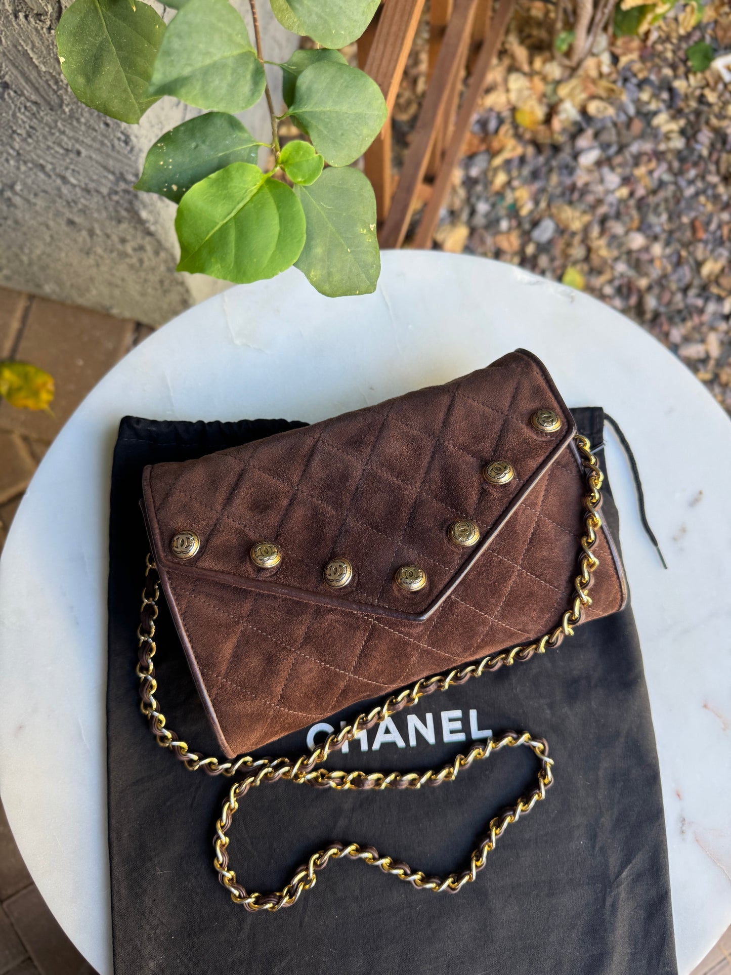 Chanel Vintage Quilted Suede Leather Charm Button Shoulder Bag