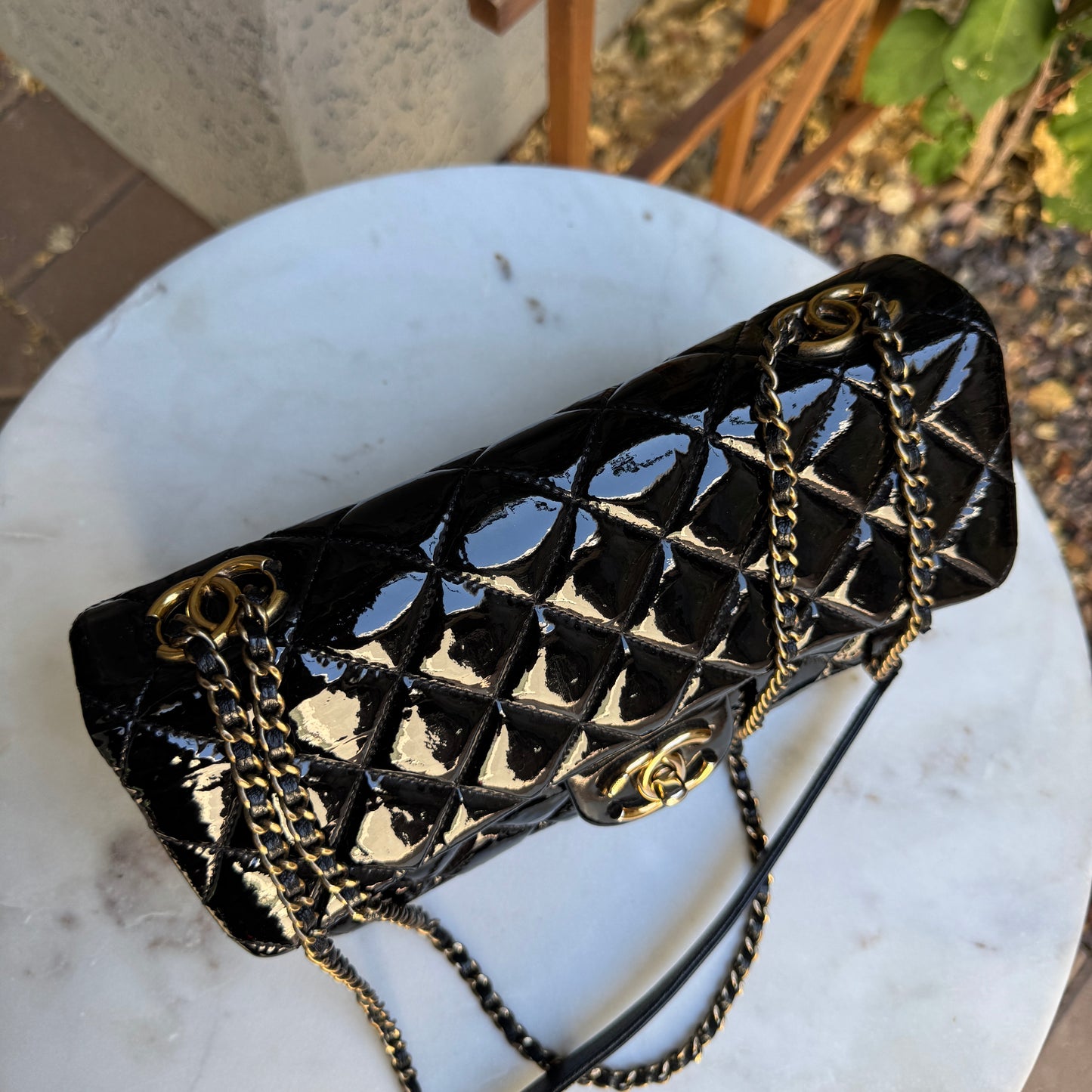 Chanel Quilted Patent Leather Medium Eyelet Single Flap Crossbody