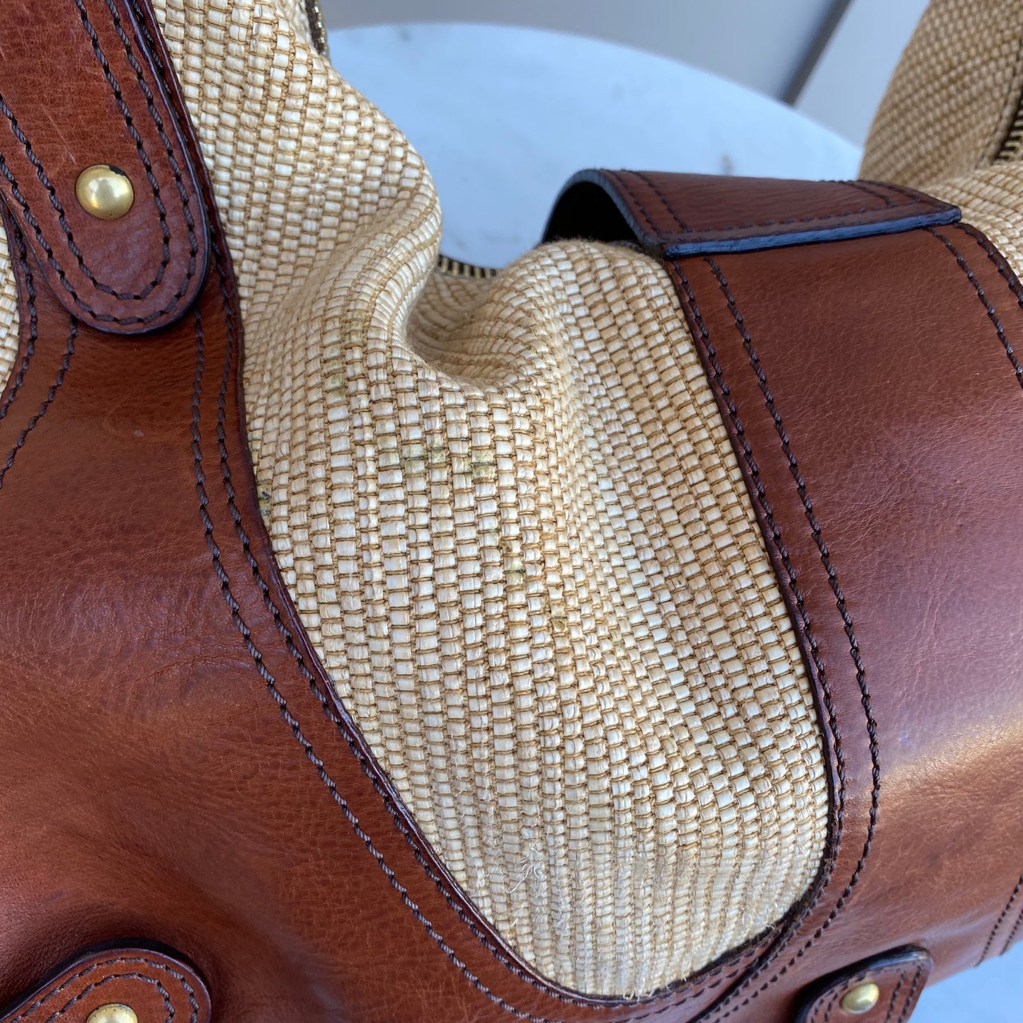 Valentino Garavani Leather and Raffia Shoulder Bag