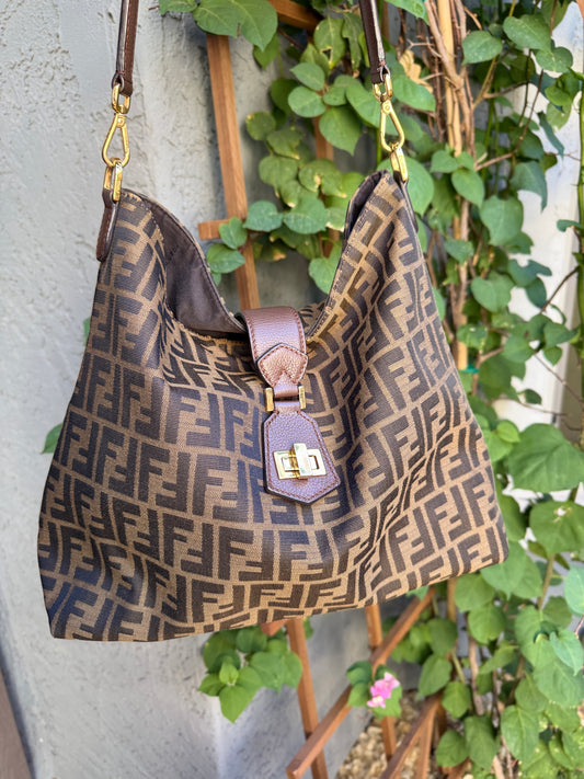 Fendi Turnlock Zucca Canvas Hobo Shoulder Bag