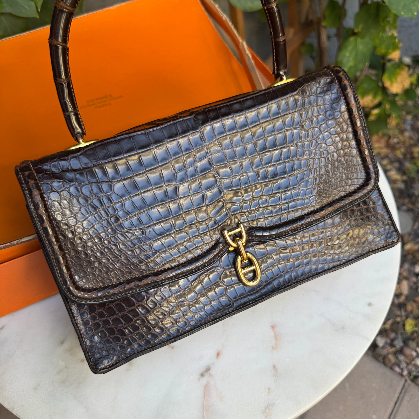 Hermès Vintage Shiny Crocodile Sac Chaine d'Ancre Top Handle Accordion Bag