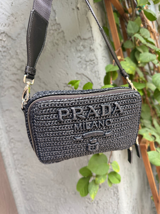 Prada Crochet Raffia Brique Crossbody