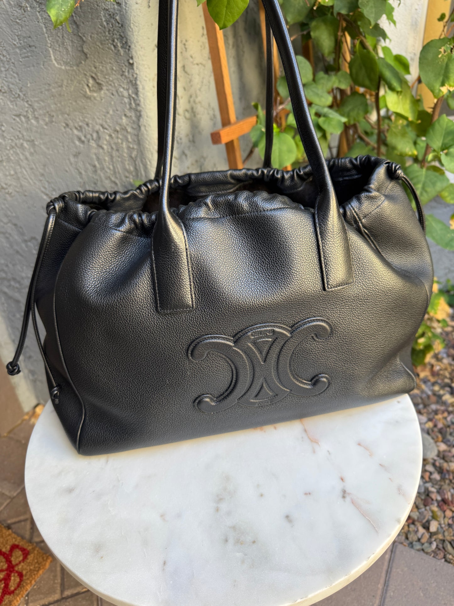 Celine Pebbled Calf Leather Cabas Drawstring Cuir Triomphe Tote