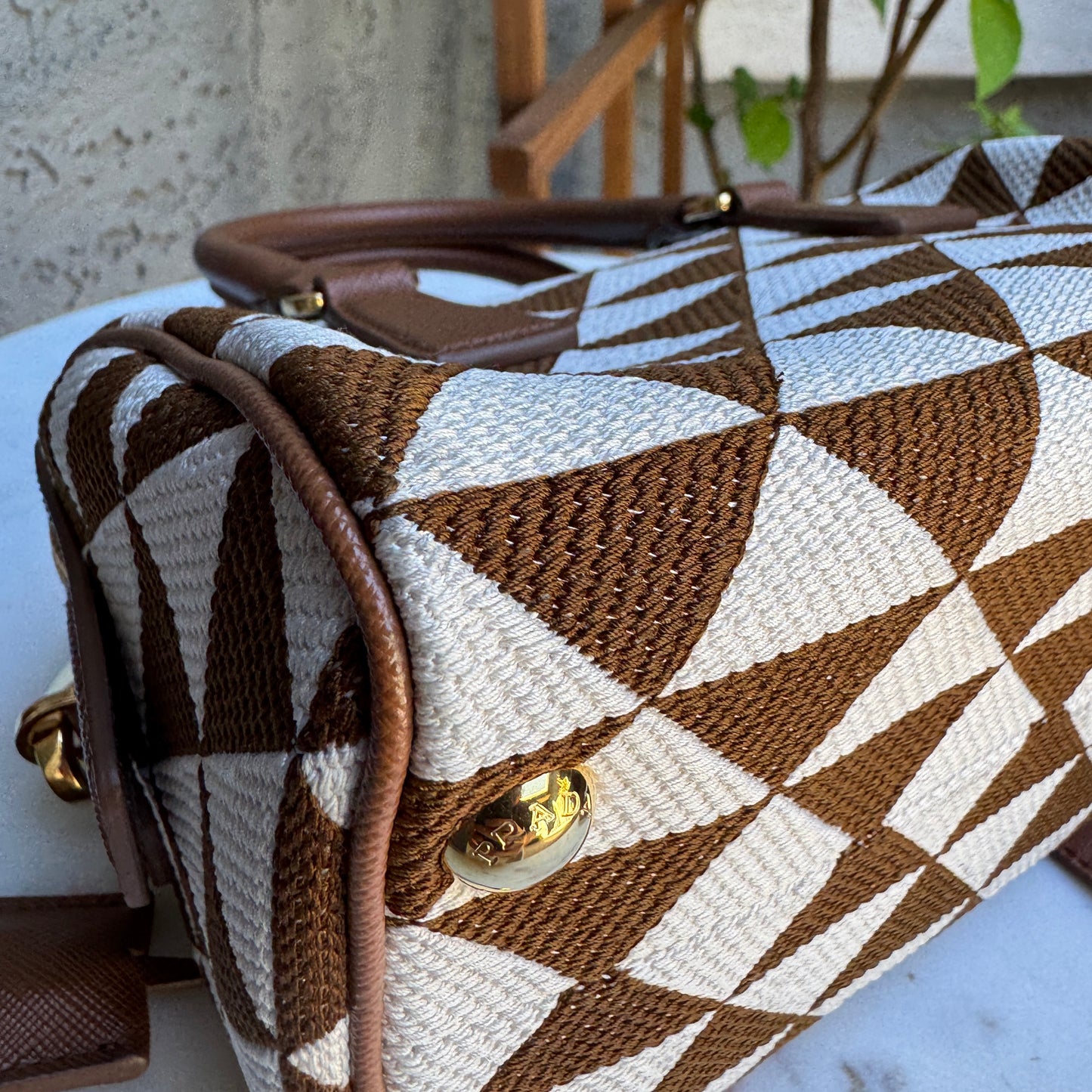 Prada Symbole Embroidered Fabric Top Handle Bag