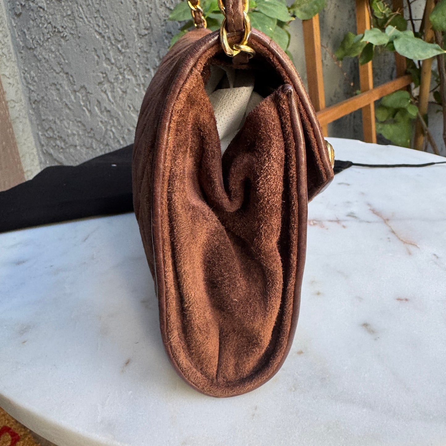 Chanel Vintage Quilted Suede Leather Charm Button Shoulder Bag