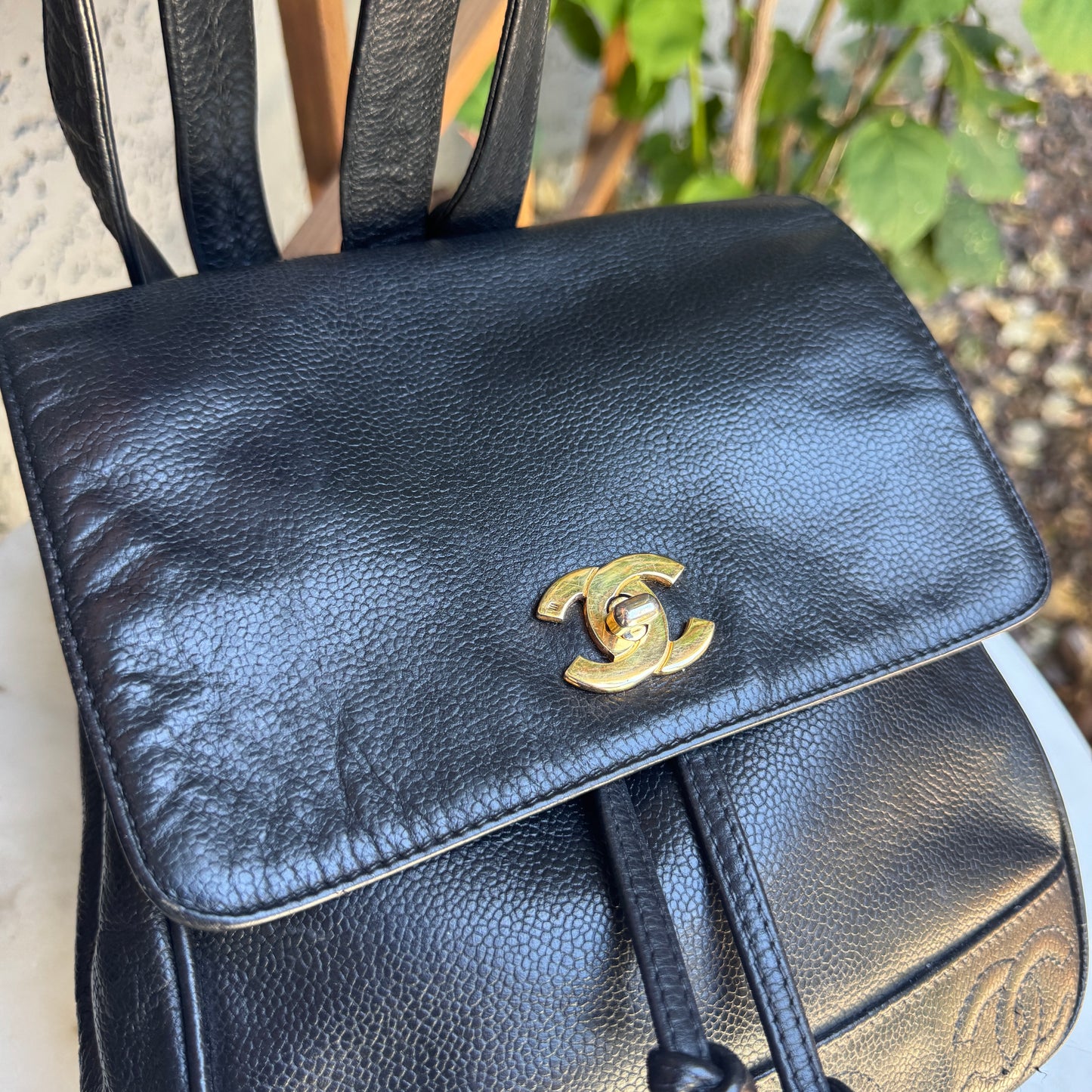 Chanel Vintage Triple Stitched CC Drawstring Flap Caviar Backpack
