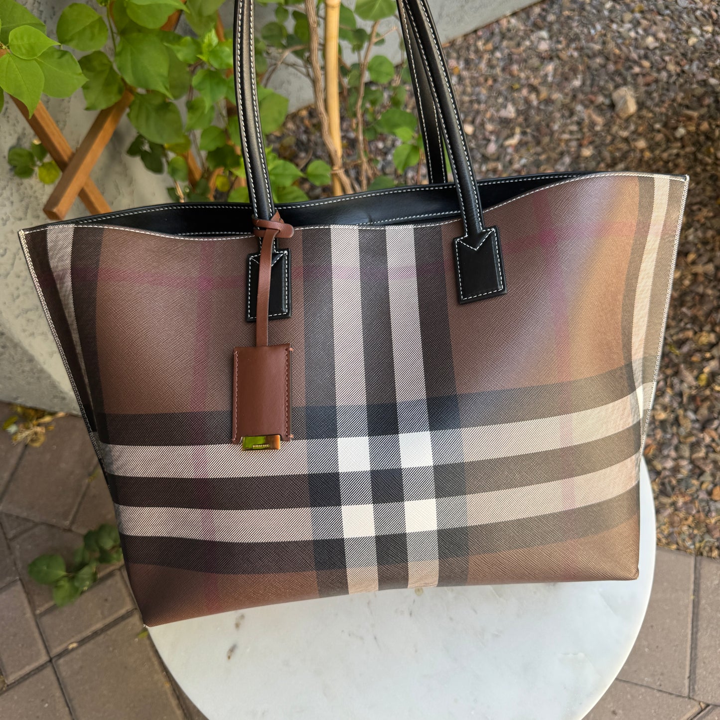 Burberry Dark Birch Brown Check and Leather Medium Tote
