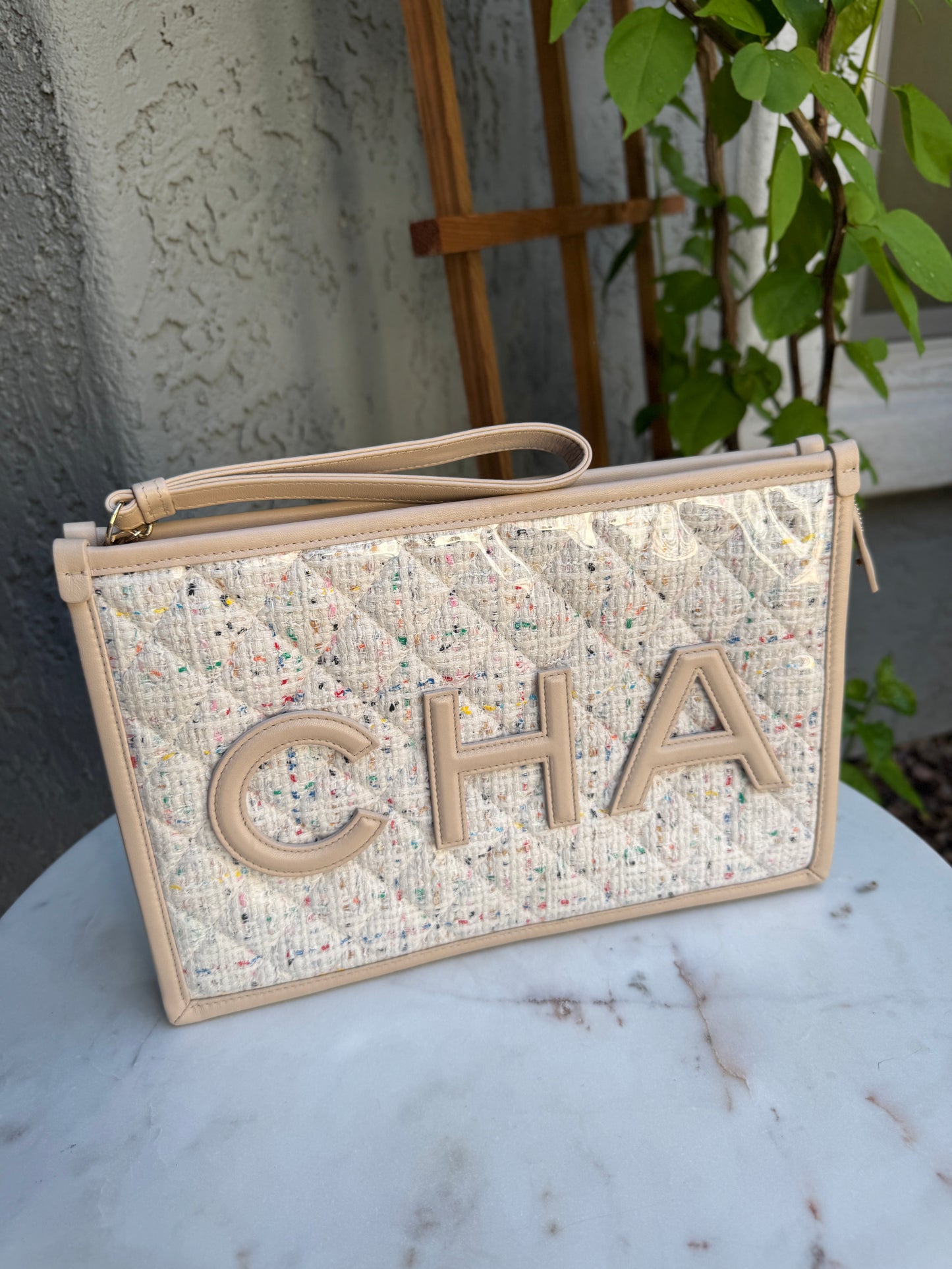 Chanel Tweed PVC Large Wristlet Clutch