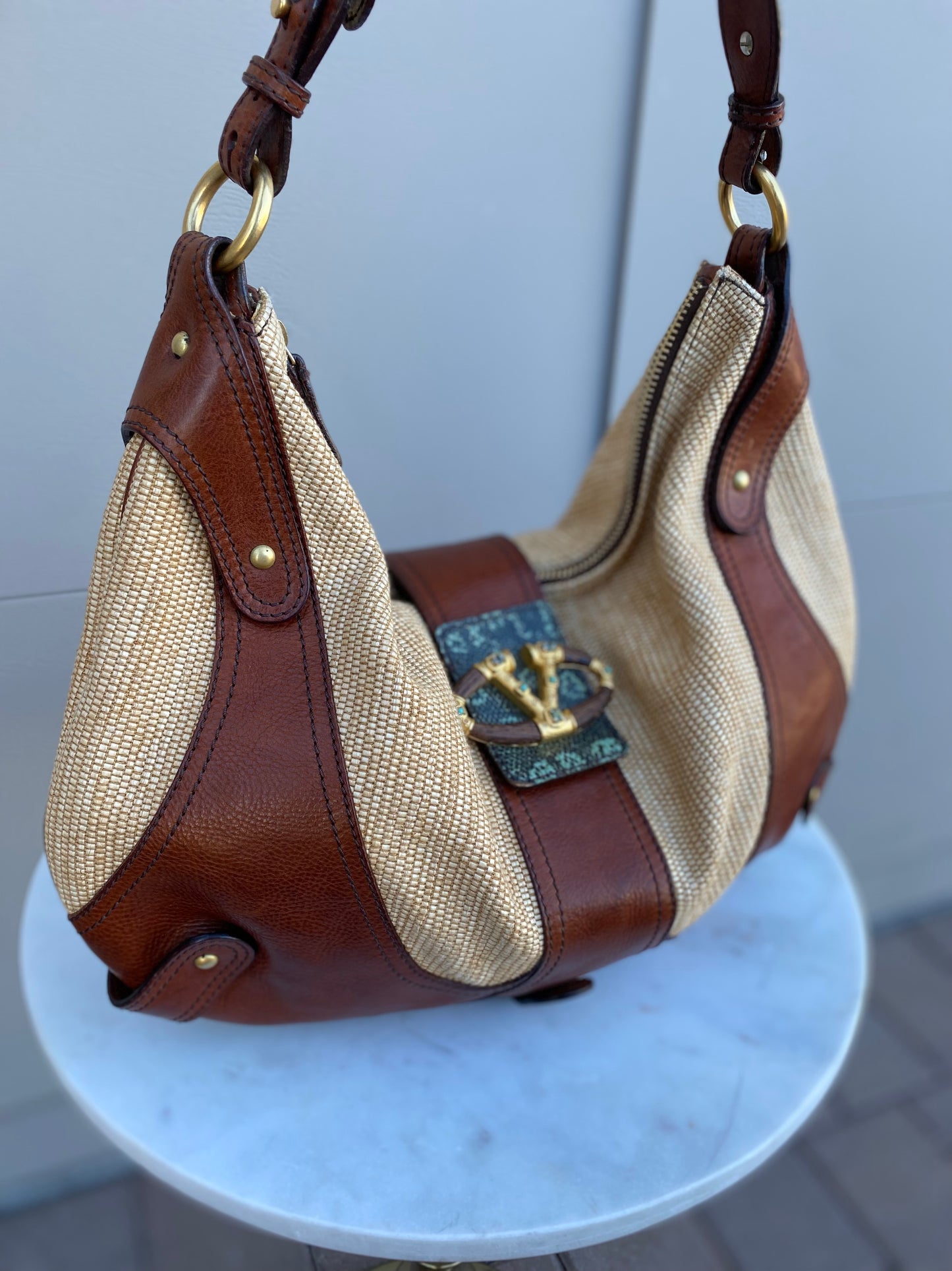 Valentino Garavani Leather and Raffia Shoulder Bag