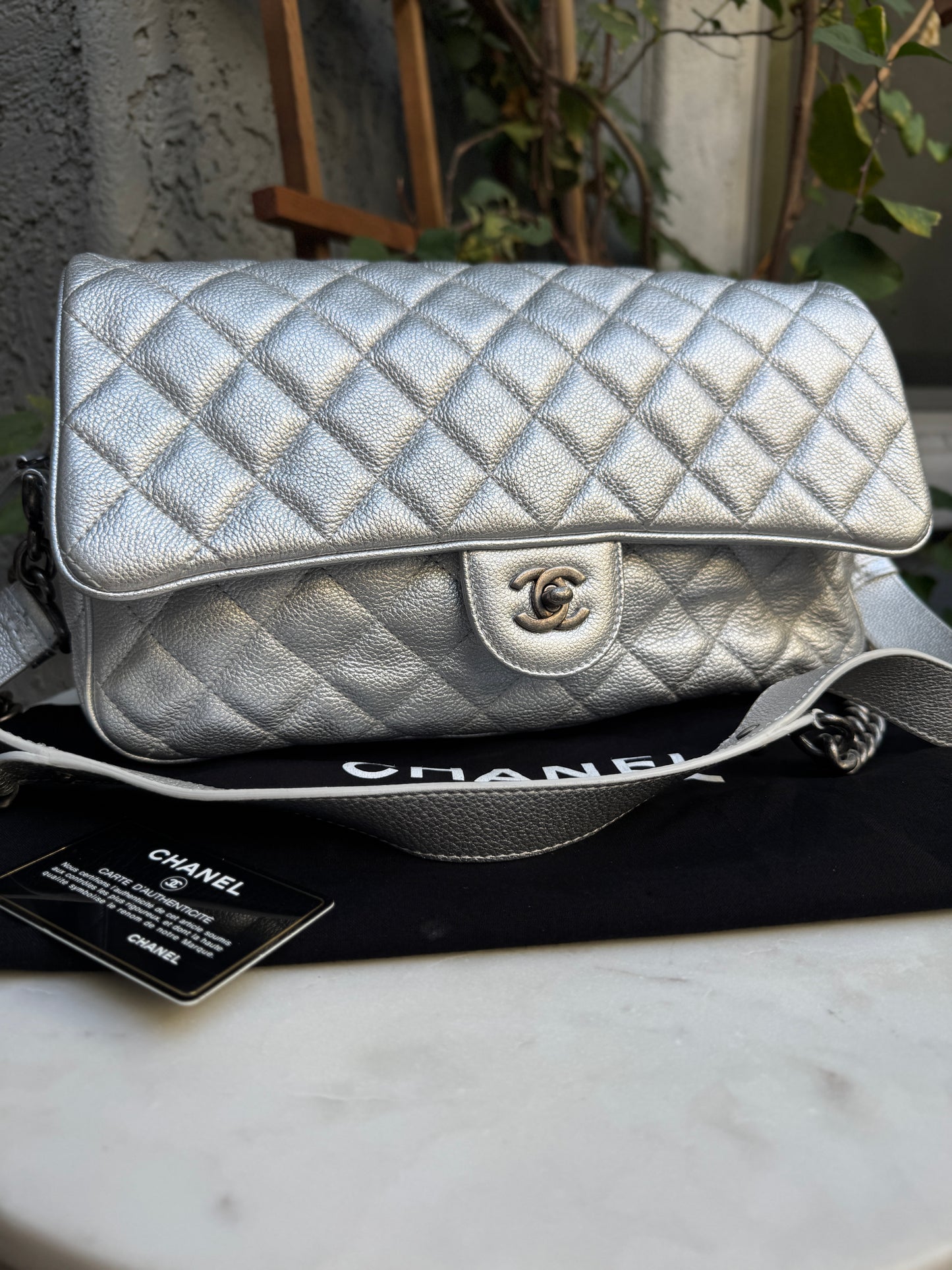 Chanel Silver Quilted Leather Airline Casual Rock Easy Flap Shoulder Bag