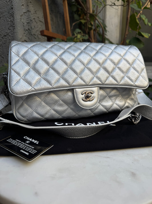 Chanel Silver Quilted Leather Airline Casual Rock Easy Flap Shoulder Bag