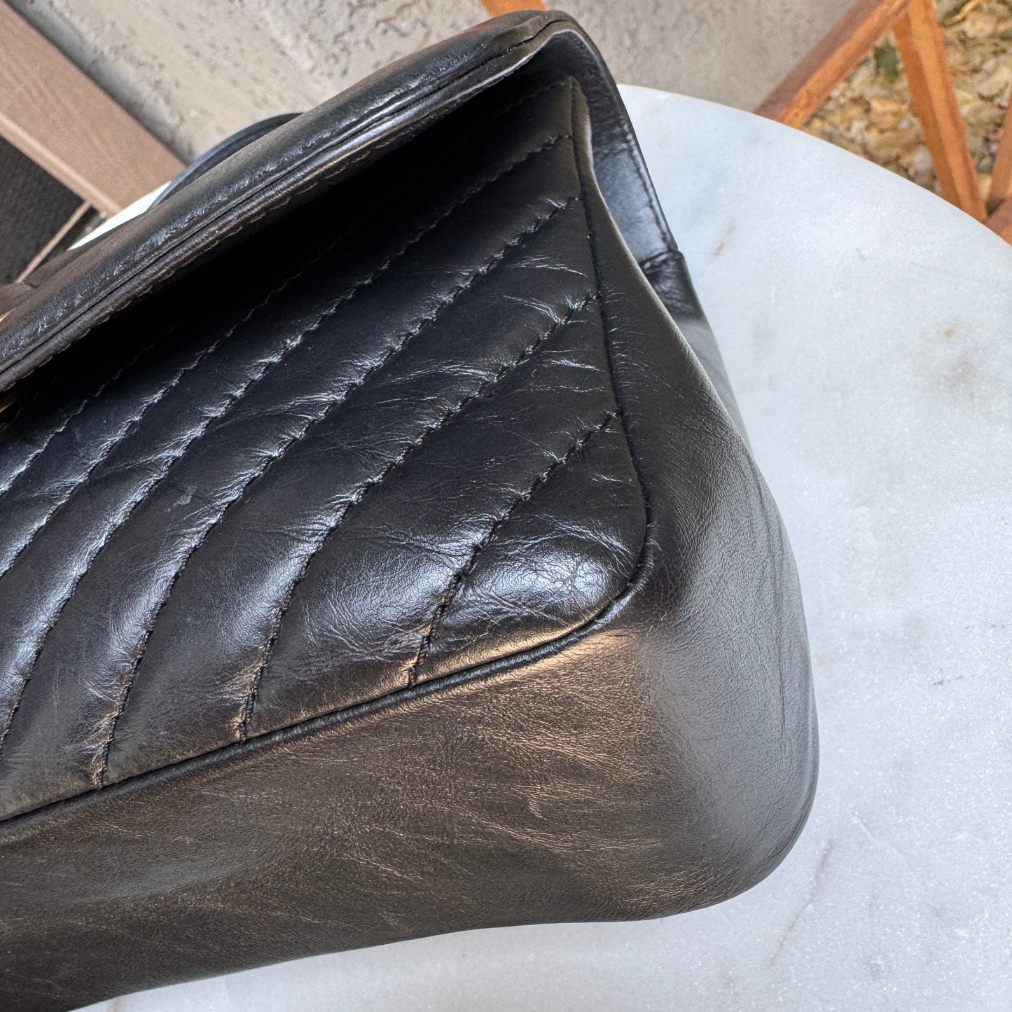 Chanel Calfskin Chevron Quilted Top Handle Flap Crossbody