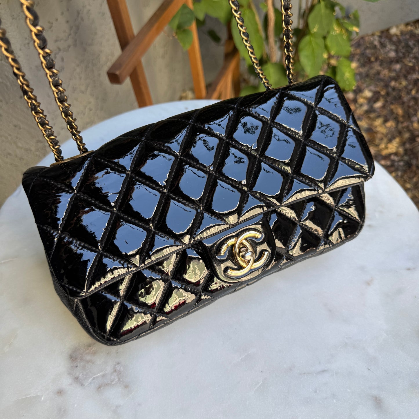 Chanel Quilted Patent Leather Medium Eyelet Single Flap Crossbody