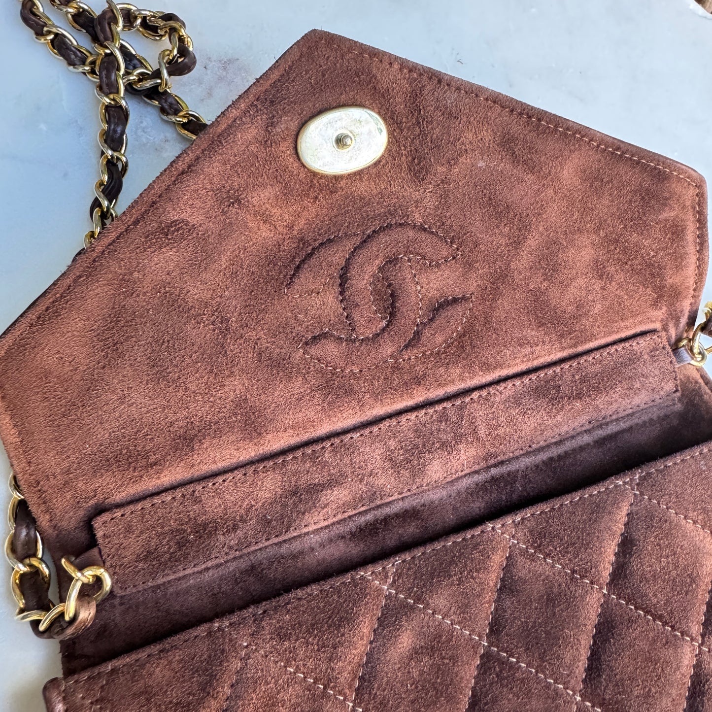 Chanel Vintage Quilted Suede Leather Charm Button Shoulder Bag