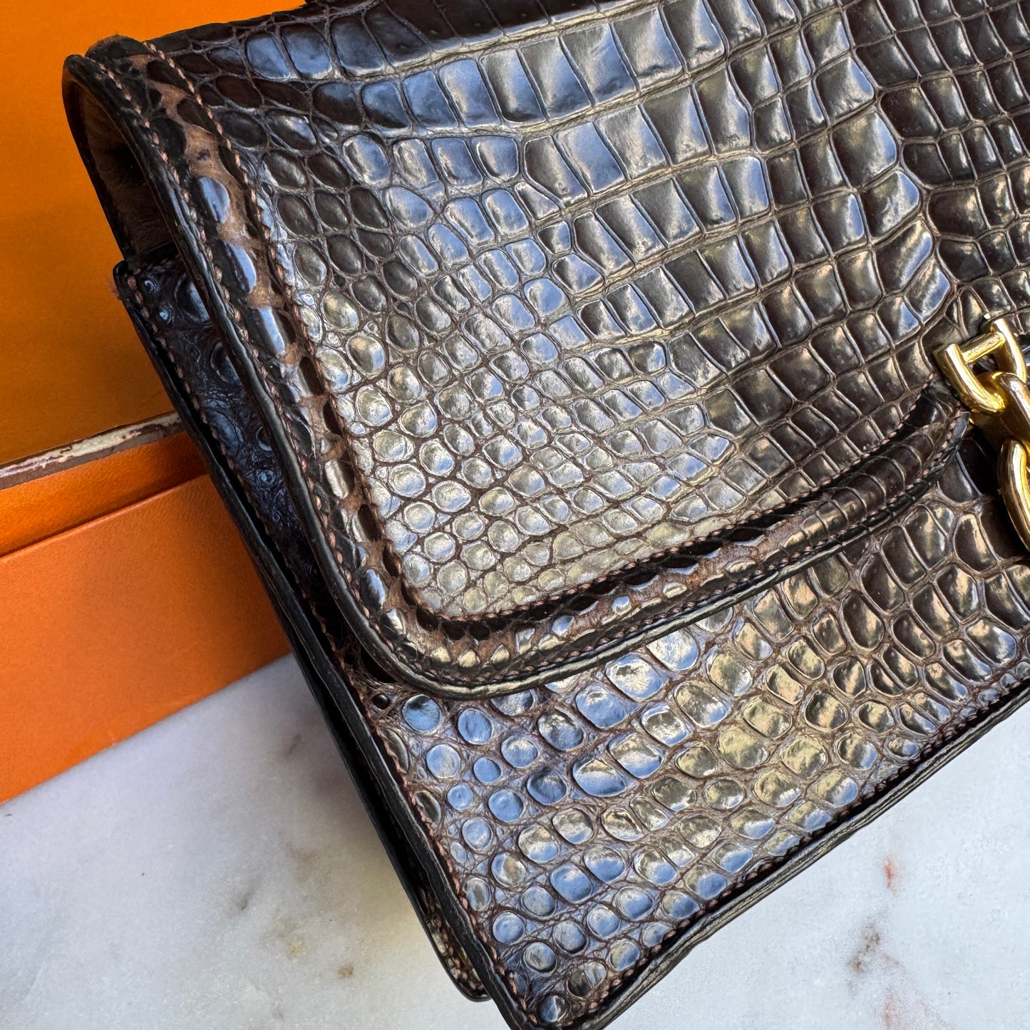 Hermès Vintage Shiny Crocodile Sac Chaine d'Ancre Top Handle Accordion Bag