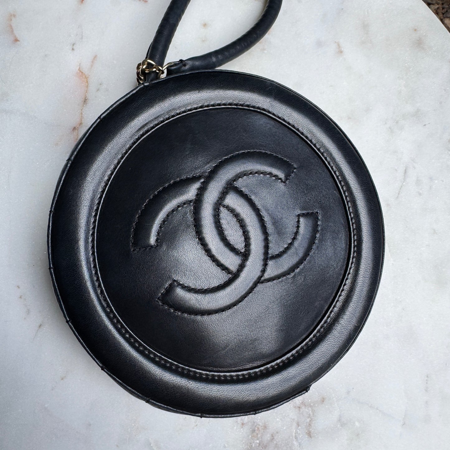 Chanel CC Round Timeless Vintage Lambskin Wristlet Handle Bag