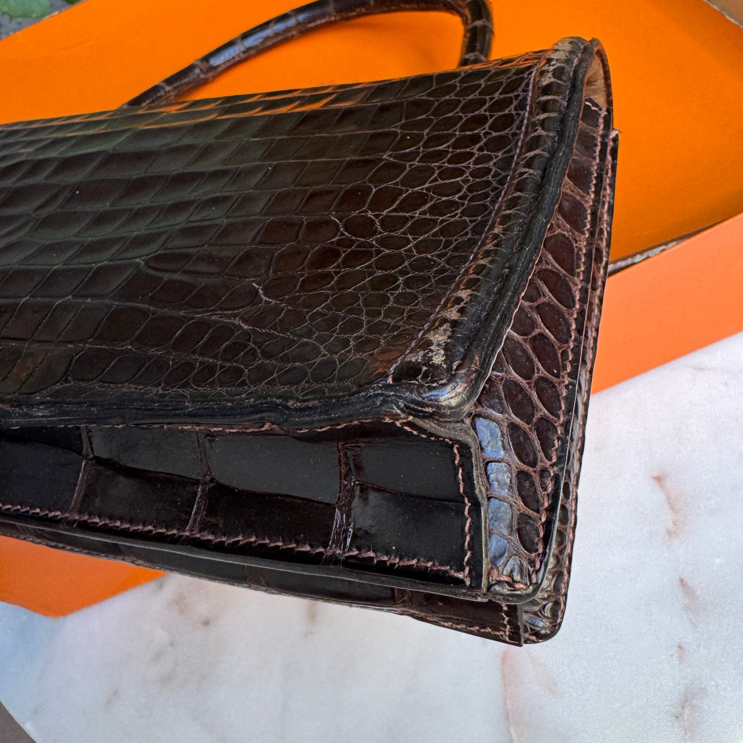 Hermès Vintage Shiny Crocodile Sac Chaine d'Ancre Top Handle Accordion Bag