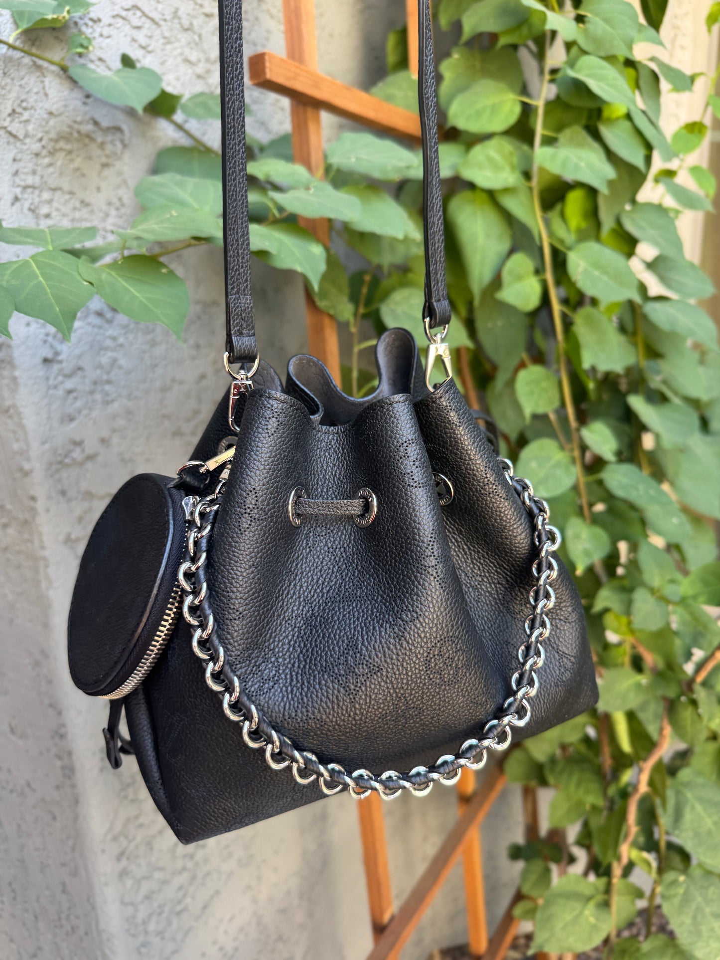 Louis Vuitton Mahina Leather Bella Drawstring Bucket Bag with Coin Pouch