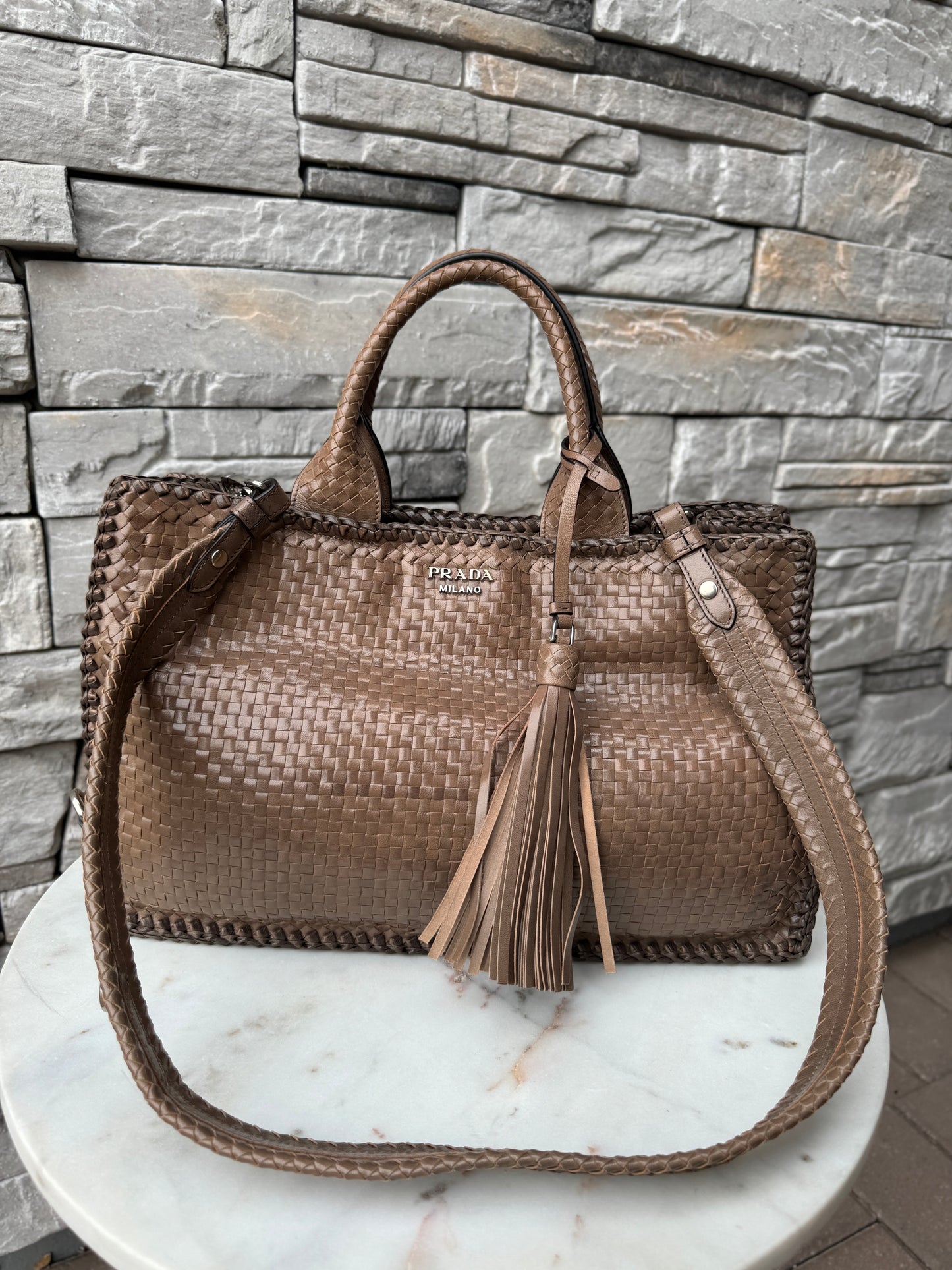 Prada Madras Woven Leather Tote