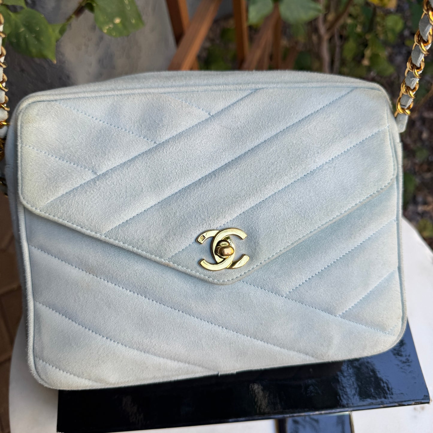 Chanel Vintage Suede Quilted Camera Shoulder Bag