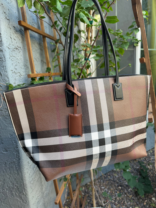 Burberry Dark Birch Brown Check and Leather Medium Tote
