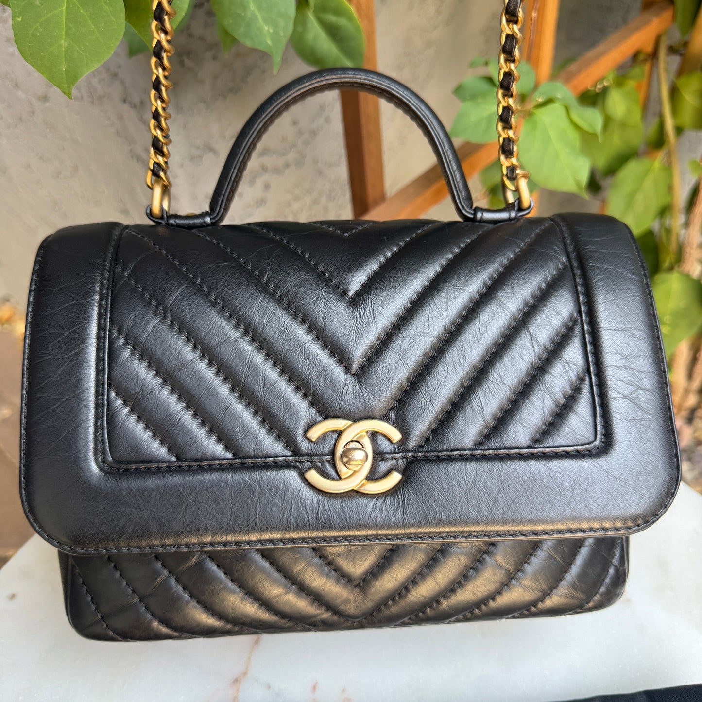 Chanel Calfskin Chevron Quilted Top Handle Flap Crossbody