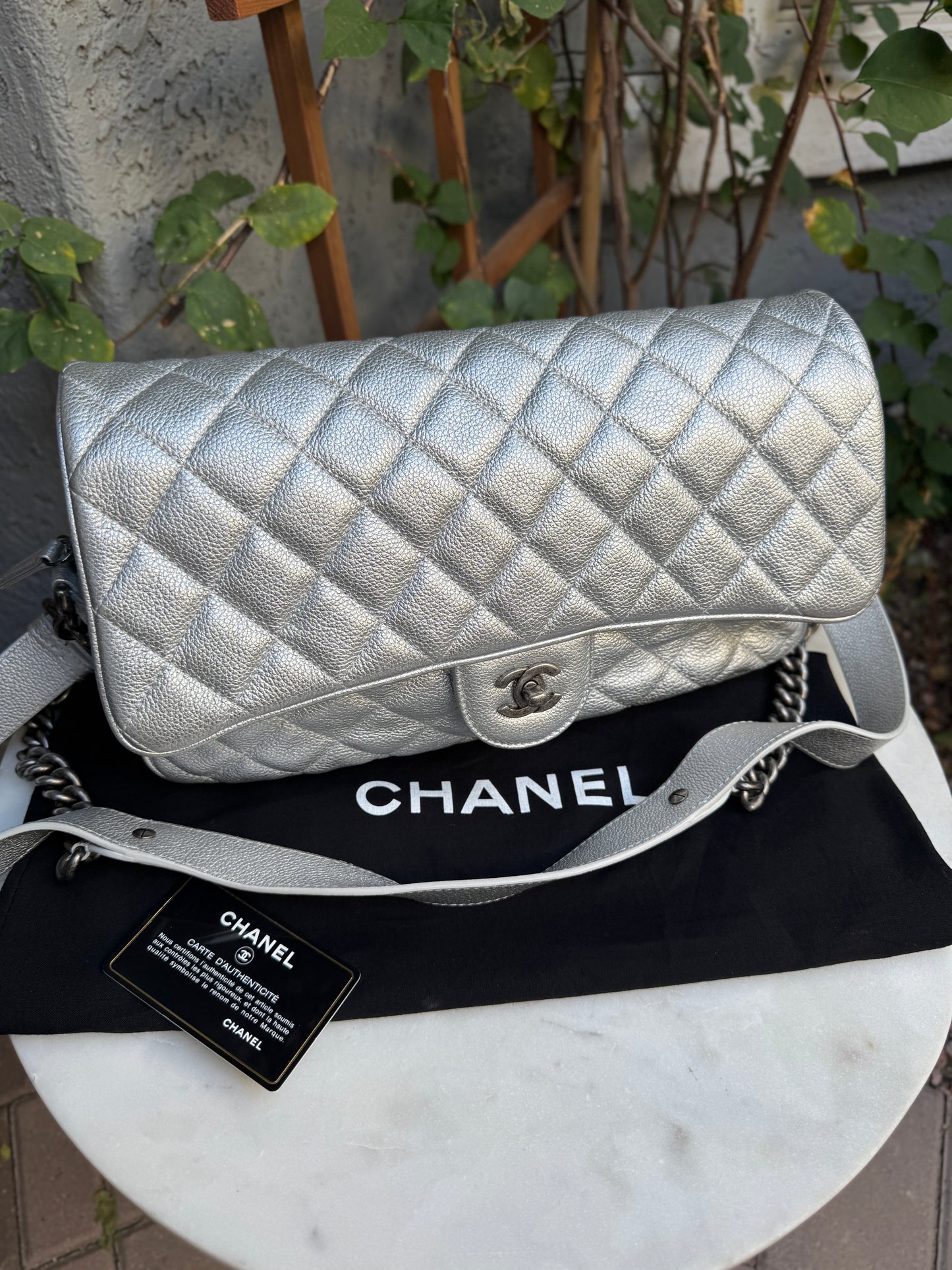 Chanel Silver Quilted Leather Airline Casual Rock Easy Flap Shoulder Bag