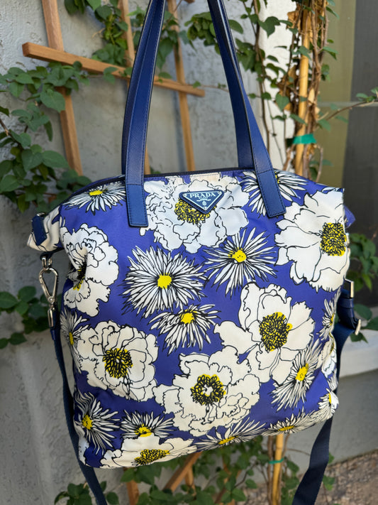 Prada Tessuto Stampat Flower Leather & Nylon Shopper Tote