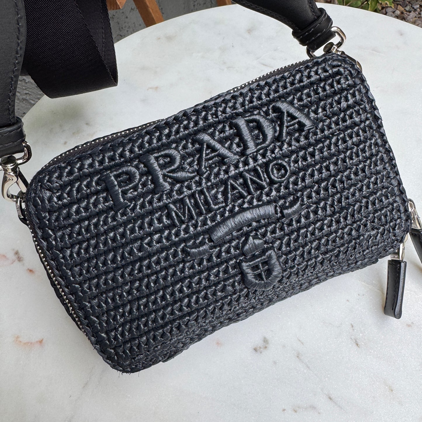 Prada Crochet Raffia Brique Crossbody
