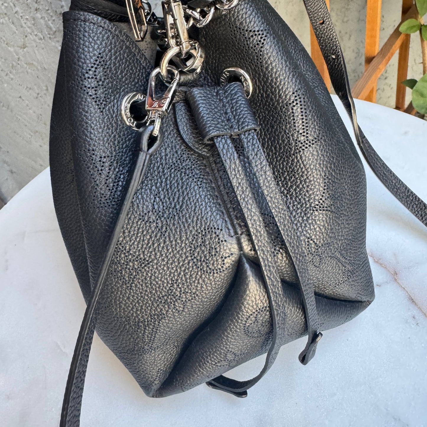 Louis Vuitton Mahina Leather Bella Drawstring Bucket Bag with Coin Pouch