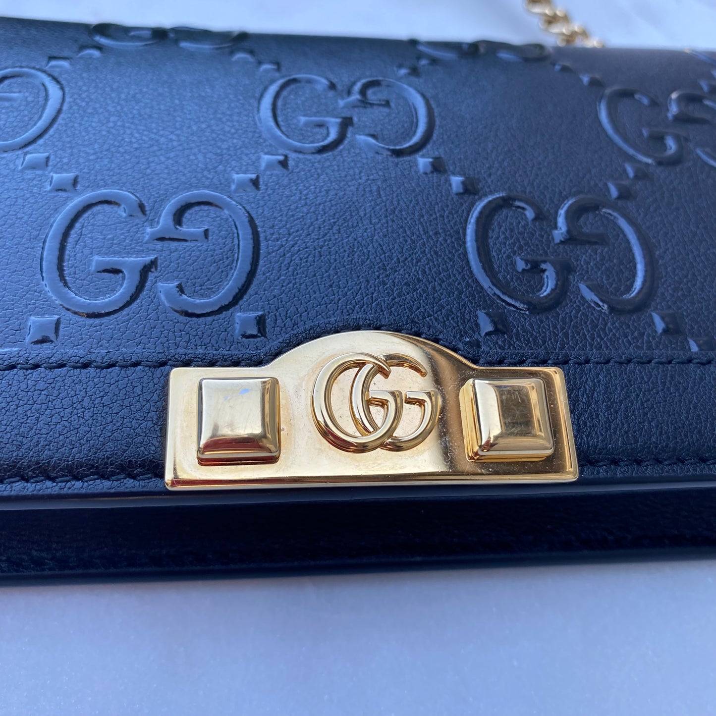 Gucci Full Flap Wallet on Chain GG Embossed Leather Crossbody