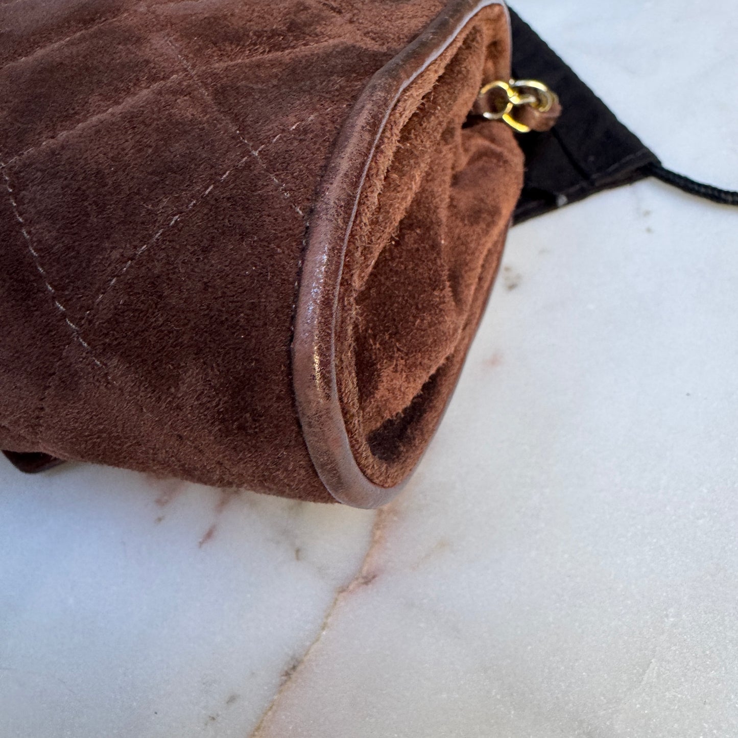 Chanel Vintage Quilted Suede Leather Charm Button Shoulder Bag