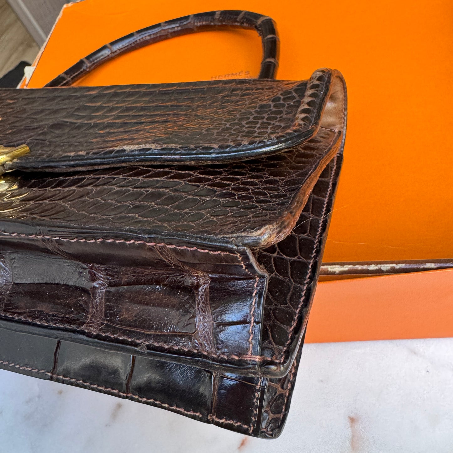 Hermès Vintage Shiny Crocodile Sac Chaine d'Ancre Top Handle Accordion Bag